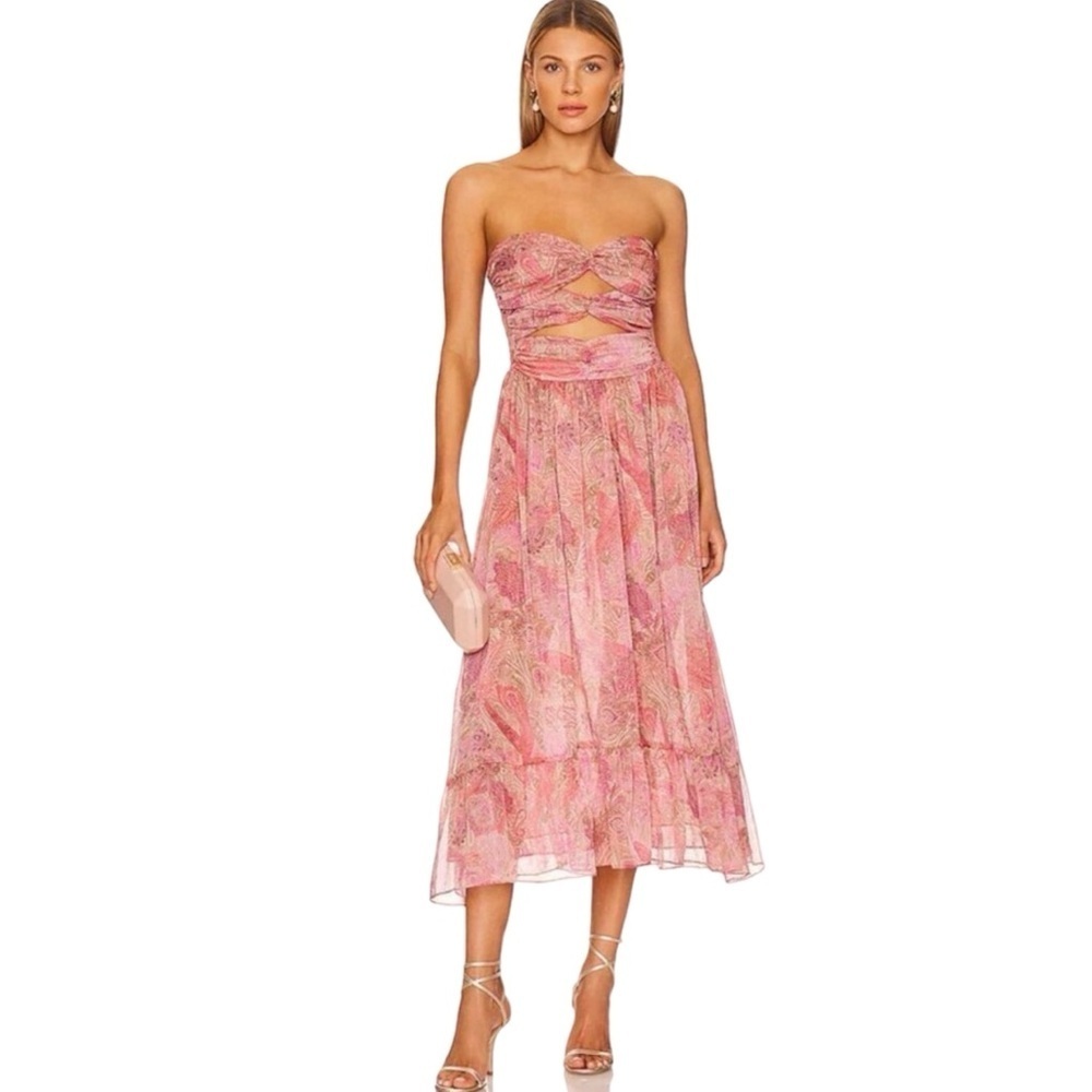 MISA Los Angeles Dress Strapless Arianne‎ Paisley Pink Chiffon Size M